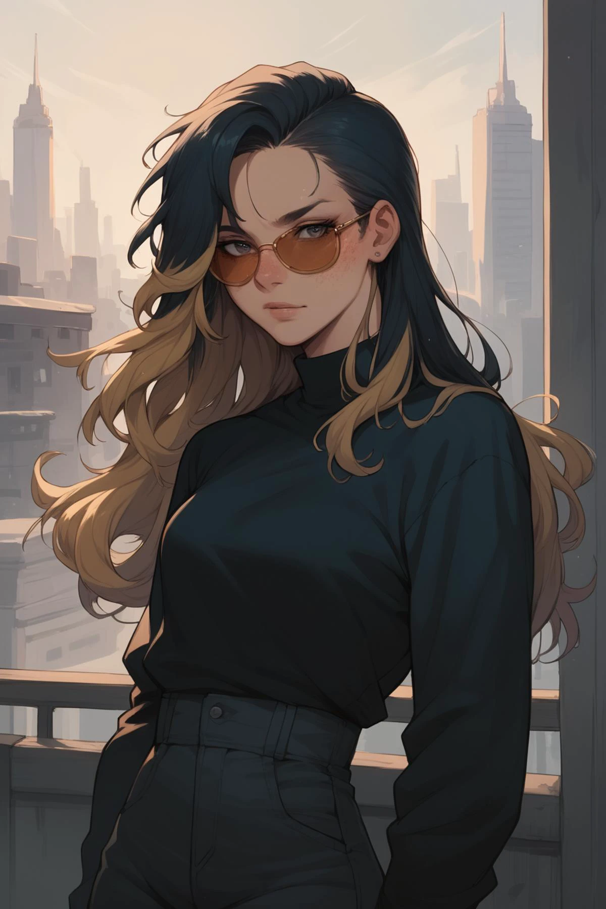 score_9, score_8_up, score_7_up, score_6_up, score_5_up, score_4_up, 1girl, cowboy shot, long hair, wayfarer sunglasses, asymmetrical hair, layered hair, freckles, looking at viewer, city background, <lora:Sinozick_Style_XL_Pony:.25> sinozick style, <lora:ratatatat74_pony_v2:.25> <lora:rain-style:.8> <lora:mfcgXL:.25>