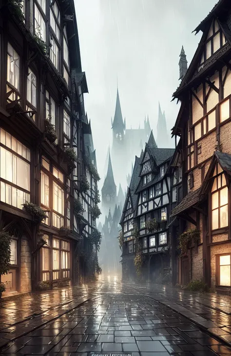 award winning landscape photo of a medieval street background, sinister, evil, rain, puddles, (backlighting:1.3), digital painting, concept art, smooth, sharp focus, rule of thirds, dark fantasy,intricate details, art by aleksi briclot (shallow depth of field:1.1) Style by Style-Glorious
