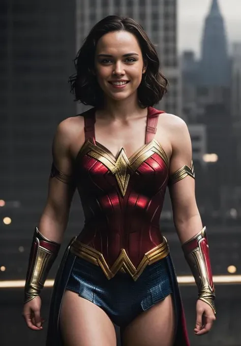 RAW photo, a beautiful sks woman smiling, daisy ridley, <lora:lora_daisy_v1_from_v1_160:1.2>, a woman cosplay as wonderwoman, superhero dc comics, red blue gold costume, metropolis city background, moody ambience (masterpiece:1.2) (photorealistic:1.2) (best quality) (detailed skin:1.2) (intricate details) (8k) (HDR) (cinematic lighting) (sharp focus), (looking at the camera:1.1), (portrait:1.1), beautiful perfect face