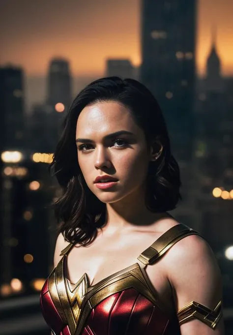 RAW photo, a beautiful sks woman, daisy ridley, <lora:lora_daisy_v1_from_v1_160:1.2>, a woman cosplay as wonderwoman, superhero dc comics, red blue gold costume, metropolis city background, moody ambience (masterpiece:1.2) (photorealistic:1.2) (best quality) (detailed skin:1.2) (intricate details) (8k) (HDR) (cinematic lighting) (sharp focus), (looking at the camera:1.1), (portrait:1.1), beautiful perfect face