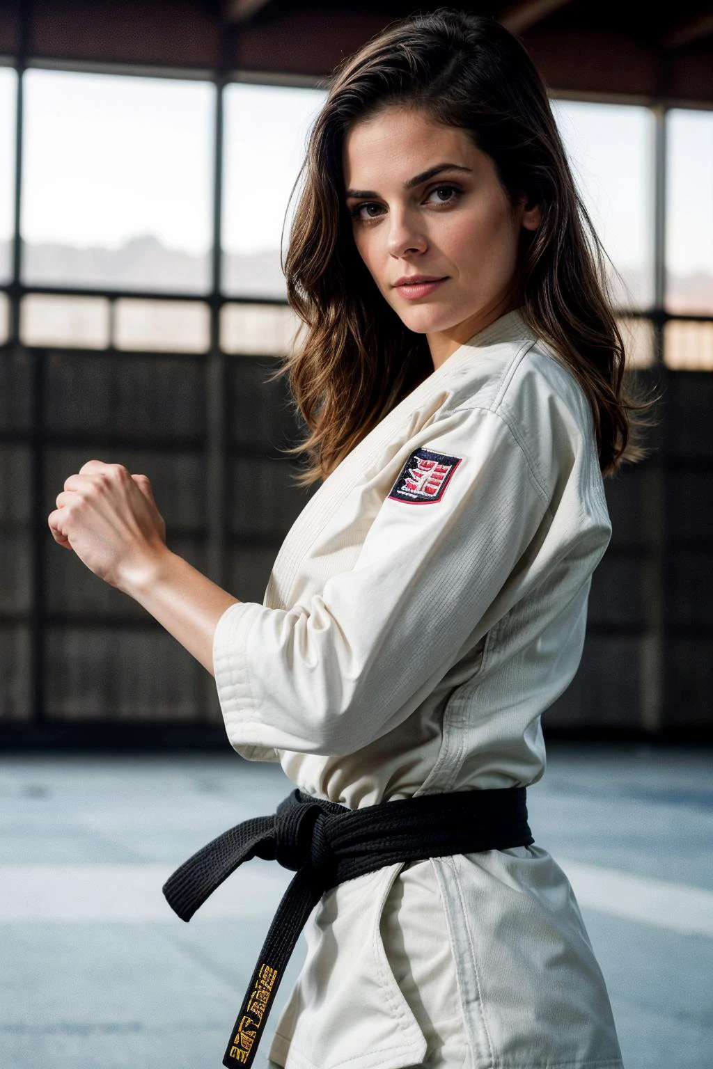 <lora:katnolanv2:0.9>, photo of Katie Nolan katnolanv2 wearing a karate gi and sneakers, practicing karate at an American football ground, cleavage, windy, detailed skin and hair, natural lighting, brightly lit, dynamic seductive pose, photo realistic:1.2, shallow depth of field, <lora:more_details:0.8>, modelshoot style, (extremely detailed CG unity 8k wallpaper), extremely intricate, High (Detail:1.1), Sharp focus, dramatic, soft cinematic light, (detailed pupils), 4k textures, soft cinematic light, elegant, insane details, hyperdetailed, centered, ((full body framing)), <lora:karate_gi:0.6>, (open karate gi:1.2), sensual teasing photo