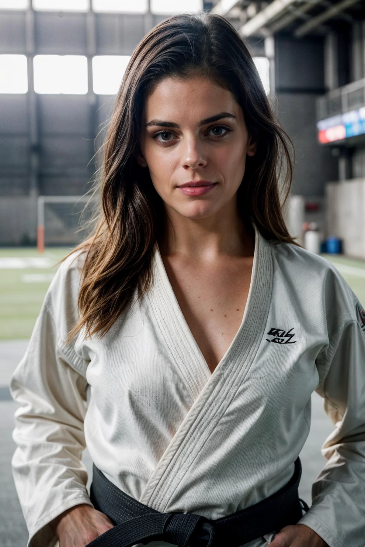 <lora:katnolanv2:0.9>, photo of Katie Nolan katnolanv2 wearing a karate gi and sneakers, practicing karate at an American football ground, cleavage, windy, detailed skin and hair, natural lighting, brightly lit, dynamic seductive pose, photo realistic:1.2, shallow depth of field, <lora:more_details:0.8>, modelshoot style, (extremely detailed CG unity 8k wallpaper), extremely intricate, High (Detail:1.1), Sharp focus, dramatic, soft cinematic light, (detailed pupils), 4k textures, soft cinematic light, elegant, insane details, hyperdetailed, centered, ((full body framing)), <lora:karate_gi:0.6>, (open karate gi:1.2)