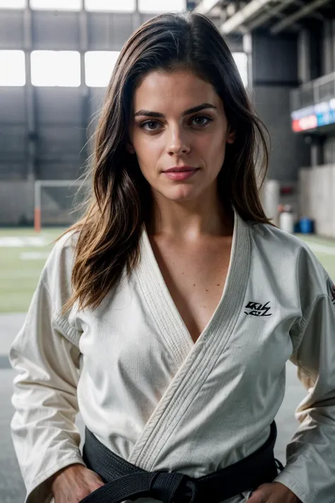 <lora:katnolanv2:0.9>, photo of Katie Nolan katnolanv2 wearing a karate gi and sneakers, practicing karate at an American football ground, cleavage, windy, detailed skin and hair, natural lighting, brightly lit, dynamic seductive pose, photo realistic:1.2, shallow depth of field, <lora:more_details:0.8>, modelshoot style, (extremely detailed CG unity 8k wallpaper), extremely intricate, High (Detail:1.1), Sharp focus, dramatic, soft cinematic light, (detailed pupils), 4k textures, soft cinematic light, elegant, insane details, hyperdetailed, centered, ((full body framing)), <lora:karate_gi:0.6>, (open karate gi:1.2)