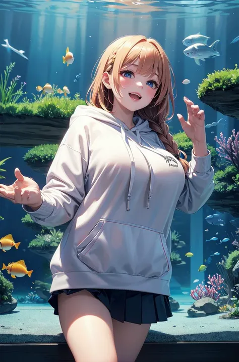 1girl,braids,((white),(hoodie)),(mini pleated skirt),huge breasts,happy,heart,aquarium,from_side,looking_up,available light,
32K,16K,4K,8K,best quality,masterpiece,ultra high res,professional lighting,physically-based rendering,(beautiful background illustration),