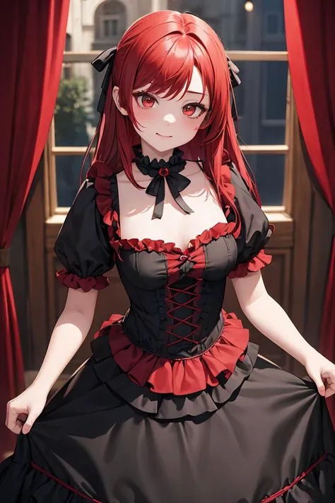 (masterpiece, best quality), 1girl, red hair, medium chest, gothic frill dress, pervert face,