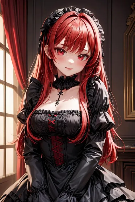 (masterpiece, best quality), 1girl, red hair, medium chest, gothic frill dress, pervert face, <lora:add_detail:1>