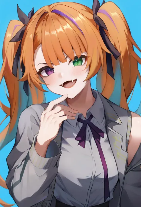 score_9, score_7_up, 1girl,
multicolored hair, heterochromia, purple ribbon, collar, shirt, grey jacket, jacket, collared shirt, hair ribbon, ribbon, grey shirt, purple eyes, holding, open mouth, long hair, purple hair, two-tone hair, orange hair, blue background, open jacket, twintails, grey sleeves, looking at viewer, solo, long sleeves, streaked hair, black ribbon, hand up, fangs, blush, detached sleeves, open clothes, sleeveless jacket, green eyes, v-shaped eyebrows, sleeveless, upper body
<lora:shirotategosha-Style-PonyXL-DoRA-000039:1>