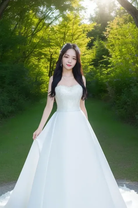 <lora:fromisJisun:1>,Jisun,(pov:1.1),RAW photo,physically-based rendering,(8k, best quality, masterpiece:1.2),(full body shot:1.2),octane render,extremely detailed CG unity 8k wallpaper,studio soft light, rim ligh,in forest,sunlight,standing,(a girl is wearing wedding dress:1.5),hyper realistic detail shiny skin,ultra detailed,(ultra realistic:1.5),(looking at viewer:1.2),(intricate:1.2),(photorealistic:1.4),1girl,(skinny:1.3),detailed background