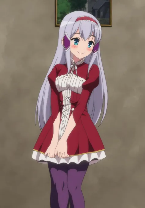 <lora:Elze_Silhoueskav2:0.8>, Elze_Silhoueska, 1girl, solo, long hair, blush, smile, blue eyes, hair ornament, dress, pantyhose, hairband, white pantyhose, gothic fashion, red dress,