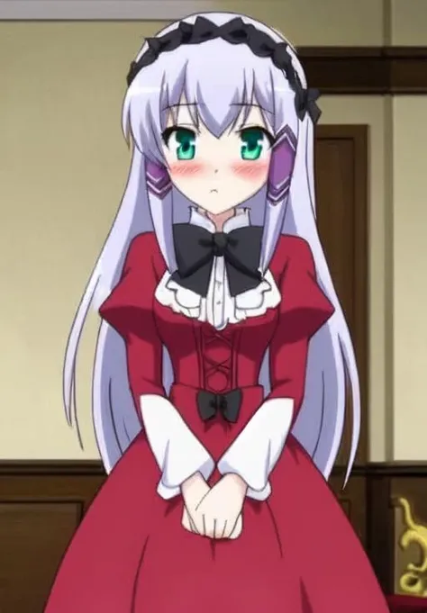 <lora:Elze_Silhoueska:0.8>, Elze_Silhoueska, 1girl, solo, looking at viewer, blush, long sleeves, dress, bow, ribbon, hairband, bowtie, red dress, gothic fashion,