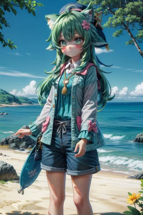 <lora:hohoHSR_00_02:0.7>, (masterpiece), (best quality), (detailed background, best lighting), ultra-detailed, highly detailed, (blush), solo,
<BRAKE>
(beach:1.4),  on stone, on grass, on beach, (colorful flowers), shadow, sunlight, warm, side lighting,
<BRAKE>
hohoo, 1girl, green hair, long hair, jewelry, green eyes, standing, shirt, shorts, hat, looking at viewer, animal ears