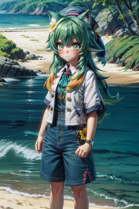 <lora:hohoHSR_00_02:0.7>, (masterpiece), (best quality), (detailed background, best lighting), ultra-detailed, highly detailed, (blush), solo,
<BRAKE>
(beach:1.4),  on stone, on grass, on beach, (colorful flowers), shadow, sunlight, warm, side lighting,
<BRAKE>
hohoo, 1girl, green hair, long hair, jewelry, green eyes, standing, shirt, shorts, hat, looking at viewer, animal ears