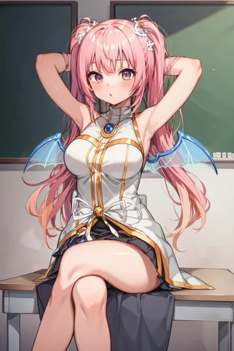 (masterpiece), best quality, 1girl, solo, angelic buster, long hair, twintails, pink hair, wings, sitting, crossed legs, arms behind head, classroom, <lora:AngelicBuster:0.7>