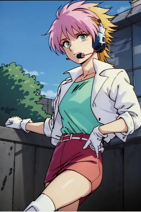 masterpiece, best quality, solo, 1girl,looking at viewer,outdoor,
 <lora:fxfbV1:0.85>fxfb, red skirt,white boots,pink hair, blonde hair,headset,