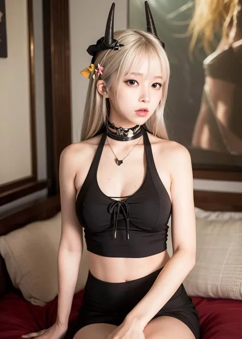 (8k, RAW photo, best quality, masterpiece:1.2), (realistic, photo-realistic:1.37),(Kpop idol),<lora:koreanDollLikeness_v10:0.4>,<lora:mudrockArknightsSilent_mudrocksummerv1:1>,cute,best quality,ultra high res, (photorealistic:1.4), 1girl,looking at viewer,ultra realistic,detailed face,serious,long hair,white hair,orange eyes,tank top,horns,annoyed,blush,shy,collarbone,midriff,shiny skin,sitting