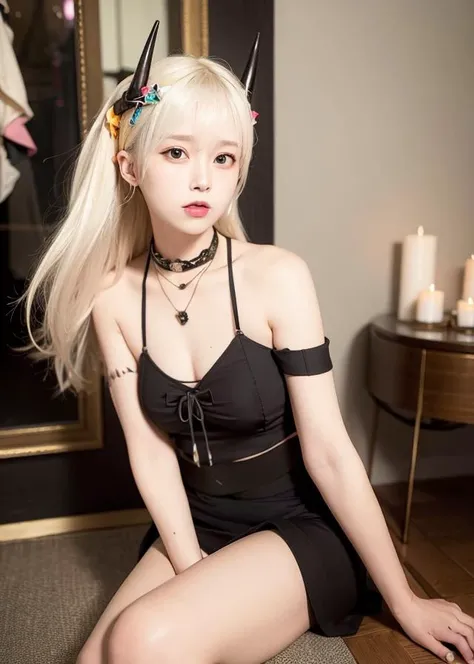 (8k, RAW photo, best quality, masterpiece:1.2), (realistic, photo-realistic:1.37),(Kpop idol),<lora:koreanDollLikeness_v10:0.4>,<lora:mudrockArknightsSilent_mudrocksummerv1:1>,cute,best quality,ultra high res, (photorealistic:1.4), 1girl,looking at viewer,ultra realistic,detailed face,serious,long hair,white hair,orange eyes,tank top,horns,annoyed,blush,shy,collarbone,midriff,shiny skin,sitting