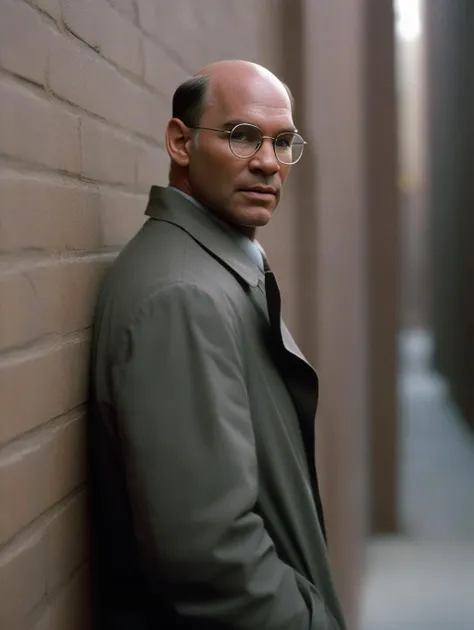 <lora:mitch_pileggi_XL:1> mitch_pileggi, glasses, dark alley, leaning against a wall, trenchcoat, cinematic, realistic, highly detailed,