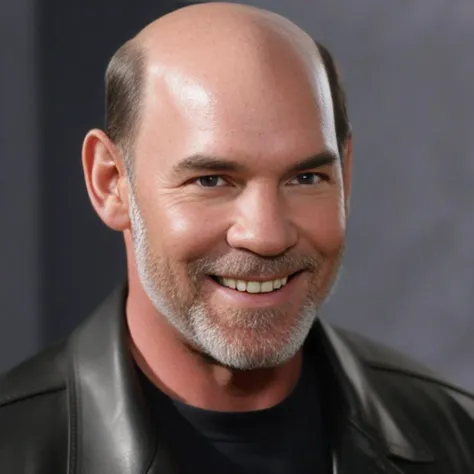 <lora:mitch_pileggi_XL:1> mitch_pileggi, facial hair, leather jacket, realistic, cinematic, smiling,