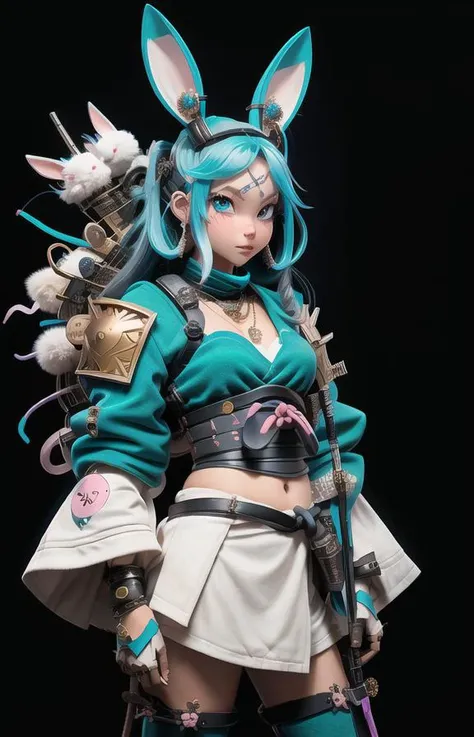 a nijigirl with bunny - ears <lora:nijilorabunny:0.7>
wearing ninja armor, samurai, katana, milky long wavy hair, warm grin, a huge diamond necklace, big beautiful cobalt ODD eyes, on the streets of a cyberlunk desert city, very detailed
