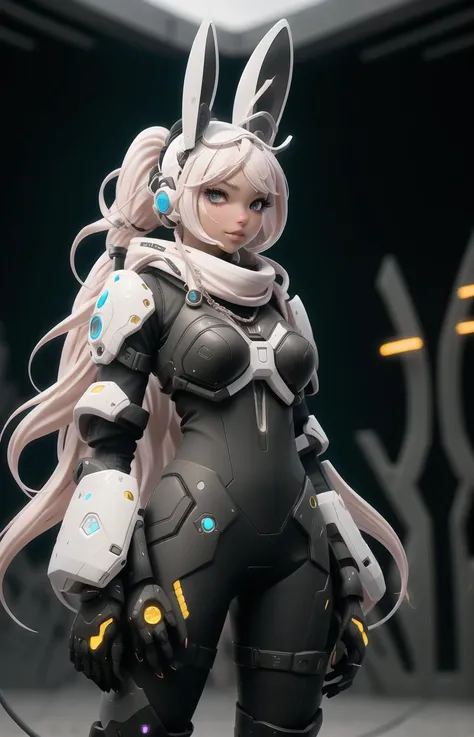 nijilorabunny best quality, a nijigirl with bunny - ears, wearing scifi techwear armor, long wavy hair, warm grin, a huge diamond necklace, big beautiful cobalt ODD eyes, on the streets of a cyberlunk desert city, very detailed <lora:nijilorabunny:0.7>