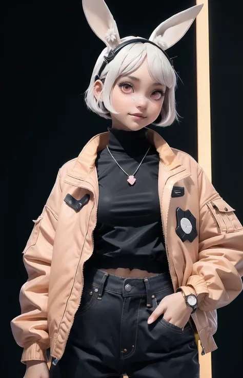 a nijigirl with bunny - ears <lora:nijilorabunny:0.75>
wearing techwear jacket and jeans, milky bob cut, big warm smile, dancing, a huge diamond necklace, big beautiful cobalt ODD eyes, very detailed