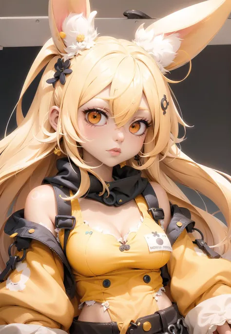 nijilorabunny, close up, portrait, a girl, with bunny ears, long hair, wearing yellow shirt, in ocean, super detailed <lora:nijilorabunny:0.9>