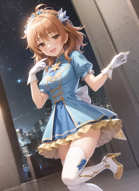 masterpiece, best quality, ultra-detailed, illustration, <lora:arakiHinaTHEIdolmSTER_v11:1>, araki_hina, 1girl, solo, blue dress, thighhighs, puffy short sleeves, short sleeves, gloves, puffy sleeves, dress, white gloves, white thighhighs, smile, ahoge, looking at viewer, blue footwear, brown eyes, open mouth, frills, blush, :d, high heels, orange hair, frilled dress, medium hair, star /(symbol/), full body, hair ornament, tiara, brown hair, boots, blue bow, hand on own chin, bow, (highres:1.2), (ultra-detailed:1.3), (oil painting:0.8), (extremely detailed CG unity 8k wallpaper:1.1), (best shadow), sky