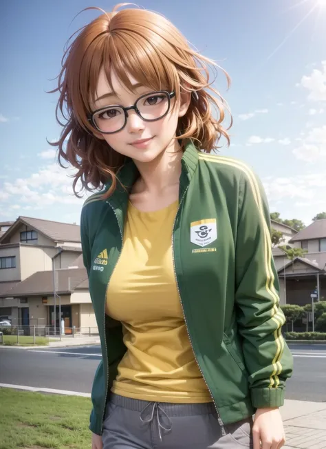 (realistic:1.5), <lora:araki_hina_v10:1>, araki_hina, 1girl, glasses, solo, orange hair, smile, pants, messy hair, shirt, ahoge, yellow shirt, semi-rimless eyewear, blush, grey pants, collarbone, under-rim eyewear, yellow t-shirt, short hair, huge breasts, outdoors, sky, green jacket, track jacket, japanese