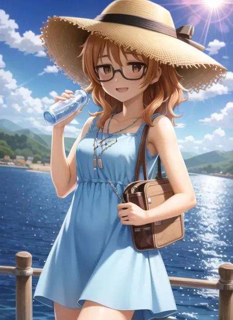 masterpiece, best quality, ultra-detailed, illustration <lora:arakiHinaTHEIdolmSTER_v11:1>, araki_hina, 1girl, glasses, hat, solo, brown eyes, dress, jewelry, orange hair, bag, medium hair, necklace, smile, day, open mouth, looking at viewer, sky, sun hat, outdoors, blush, cloud, water bottle, ocean, bottle, water, blue dress, handbag, ribbon, black-framed eyewear, collarbone