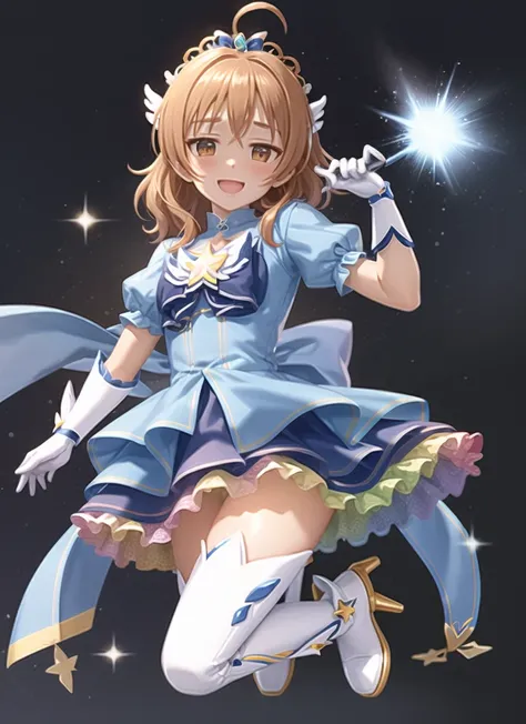 masterpiece, best quality, ultra-detailed, illustration,<lora:arakiHinaTHEIdolmSTER_v11:1>, araki_hina, 1girl, solo, blue dress, thighhighs, puffy short sleeves, short sleeves, gloves, puffy sleeves, dress, white gloves, white thighhighs, smile, ahoge, medium breasts, looking at viewer, blue footwear, brown eyes, open mouth, frills, blush, :d, high heels, orange hair, frilled dress, medium hair, star /(symbol/), full body, hair ornament, (tiara), boots, blue bow, hand on own chin, bow, magical girl, magical, cute, figurative, representational, beauty