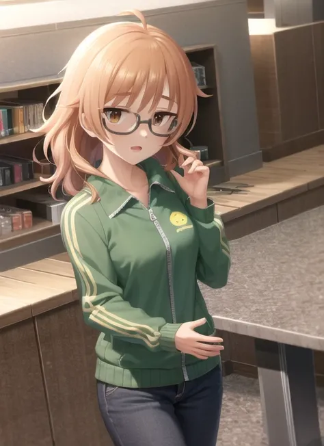 masterpiece, best quality, ultra-detailed, illustration, <lora:arakiHinaTHEIdolmSTER_v11:1>, araki_hina, brown eyes, medium hair, ahoge, messy hair, glasses, track jacket, orange hair, open mouth, green jacket, open jacket, white shirt, pants, indoors, idolmaster cinderella girls, (highres:1.2), (ultra-detailed:1.3), (oil painting:0.8), (extremely detailed CG unity 8k wallpaper:1.1), (best shadow),