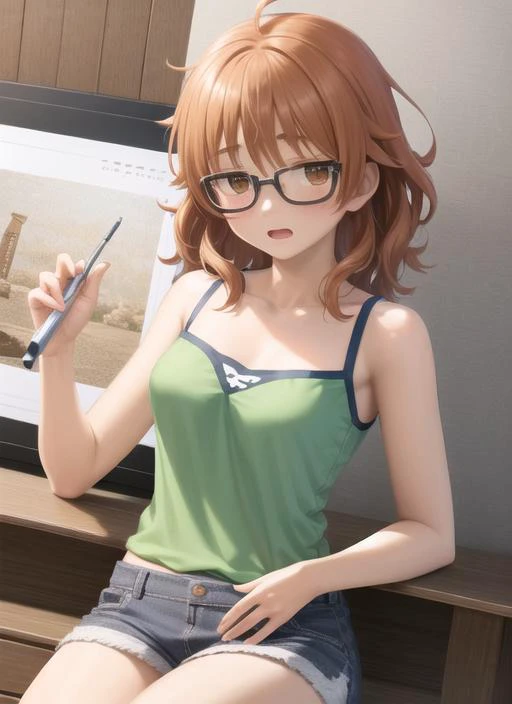masterpiece, best quality, ultra-detailed, illustration, <lora:arakiHinaTHEIdolmSTER_v11:1>, araki_hina, brown eyes, medium hair, ahoge, messy hair, glasses, orange hair, open mouth, camisole, bare shoulders, shorts, (highres:1.2), (ultra-detailed:1.3), (oil painting:0.8), (extremely detailed CG unity 8k wallpaper:1.1), (best shadow),