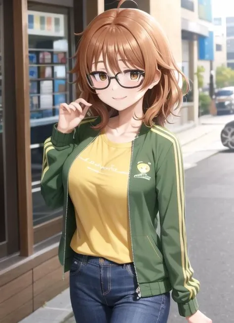 masterpiece, best quality, high quality, <lora:araki_hina_v10:1>, araki_hina, 1girl, glasses, solo, orange hair, smile, hair between eyes, pants, messy hair, shirt, ahoge, yellow shirt, semi-rimless eyewear, blush, grey pants, collarbone, under-rim eyewear, yellow t-shirt, short hair, huge breasts, outdoors, sky, green jacket, track jacket, japanese,
