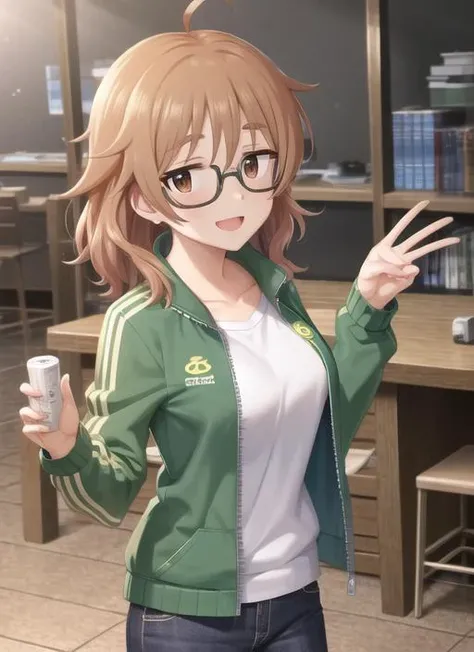 masterpiece, best quality, high quality, 1girl, solo, <lora:araki_hina-000007:1>, araki_hina, brown eyes, short hair, ahoge, messy hair, glasses, track jacket, orange hair, open mouth, green jacket, open jacket, white shirt, pants, indoors, idolmaster cinderella girls, (highres:1.2), (ultra-detailed:1.3), (oil painting:0.8), (extremely detailed CG unity 8k wallpaper:1.1), (best shadow),