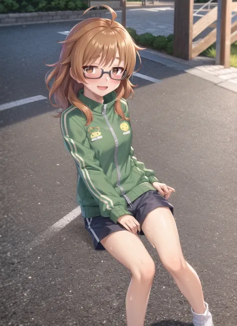 masterpiece, best quality, ultra-detailed, illustration,<lora:araki_hina-000007:1>, araki_hina, 1girl, glasses, solo, brown eyes, messy hair, orange hair, smile, jacket, ahoge, open mouth, shorts, full body, blush, medium hair, looking at viewer, track jacket, :d, sweat