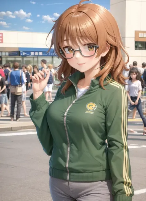 masterpiece, best quality, high quality, <lora:arakiHinaTHEIdolmSTER_v11:1>, 1girl, glasses, solo, orange hair, smile, pants, messy hair, shirt, ahoge, yellow shirt, semi-rimless eyewear, blush, grey pants, collarbone, under-rim eyewear, yellow t-shirt, medium hair, huge breasts, outdoors, sky, green jacket, track jacket, japanese,