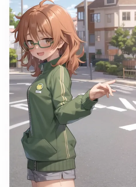 masterpiece, best quality, ultra-detailed, illustration,<lora:araki_hina-000007:1>, araki_hina, 1girl, glasses, solo, brown eyes, messy hair, orange hair, smile, jacket, ahoge, open mouth, shorts, full body, blush, medium hair, looking at viewer, track jacket, :d, sweat, green jacket