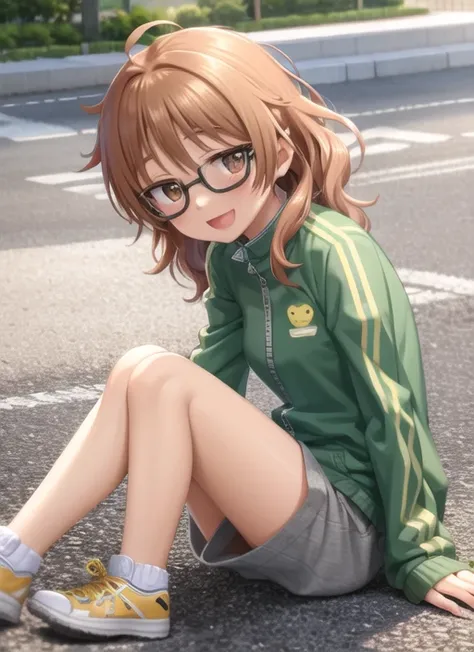 masterpiece, best quality, ultra-detailed, illustration,<lora:araki_hina-000007:1>, araki_hina, 1girl, glasses, solo, brown eyes, messy hair, orange hair, smile, sitting, jacket, ahoge, open mouth, shorts, full body, blush, medium hair, white background, looking at viewer, track jacket, :d, green jacket