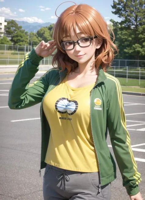 (realistic:1.5), <lora:araki_hina_v10:1>, araki_hina, 1girl, glasses, solo, orange hair, smile, pants, messy hair, shirt, ahoge, yellow shirt, semi-rimless eyewear, blush, grey pants, collarbone, under-rim eyewear, yellow t-shirt, short hair, huge breasts, outdoors, sky, green jacket, track jacket, japanese
