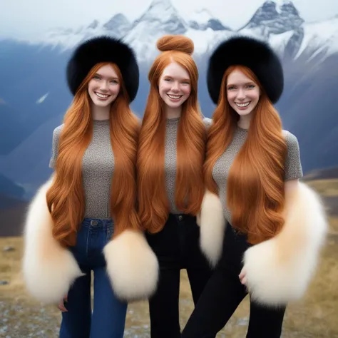 necklace, absurdly long hair, 3girls, fur, short hair, ginger, navel, crossed legs, brown hair, ginger hair, earmuffs, jeans, black pants, pelt, smile, hat, mountain