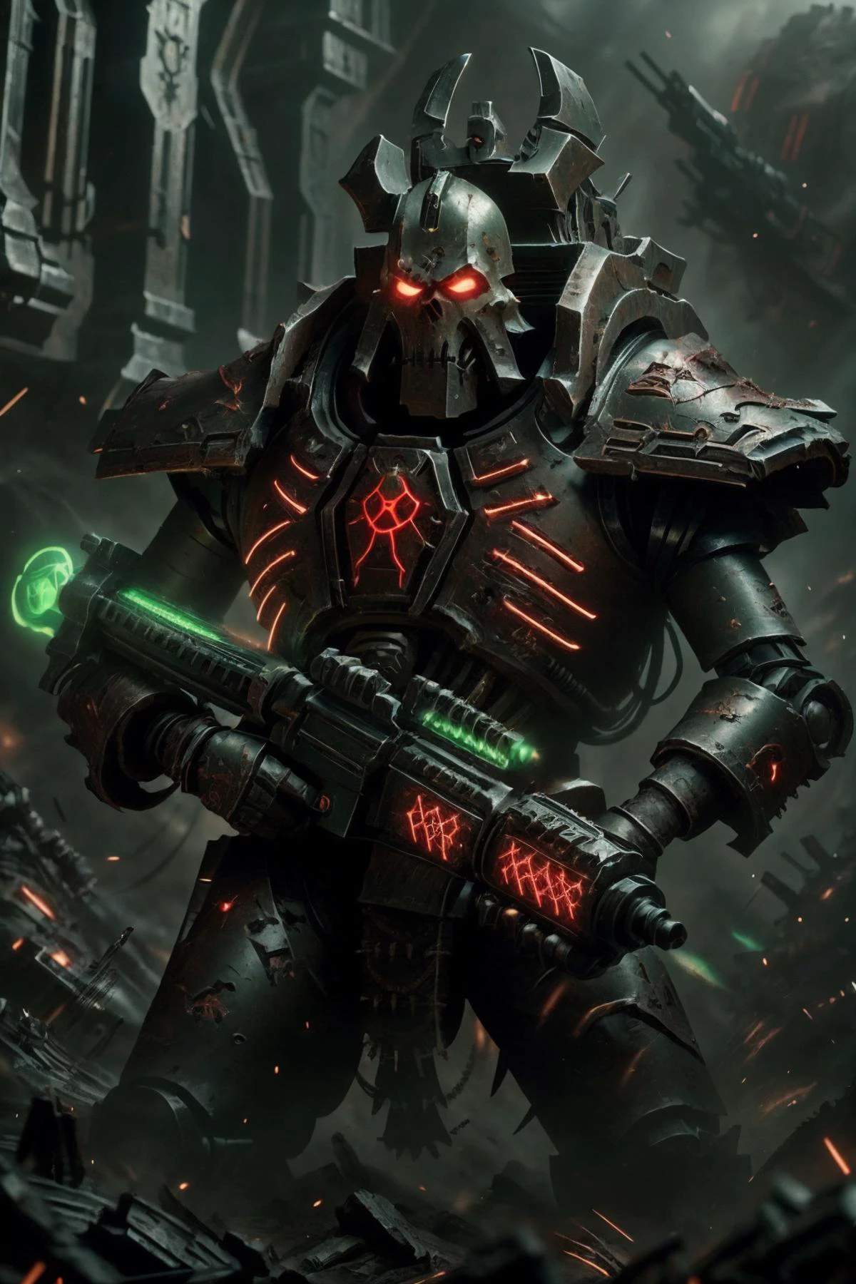ChaosMarineStyleAI, necons, a man, armor, solo, holding weapon, gun, <lora:ChaosMarineStyleAISD15:0.6> <lora:GlowingRunesAIv4:0.8> glowingrunesai_green , red rock canyon <lora:necons:0.8>