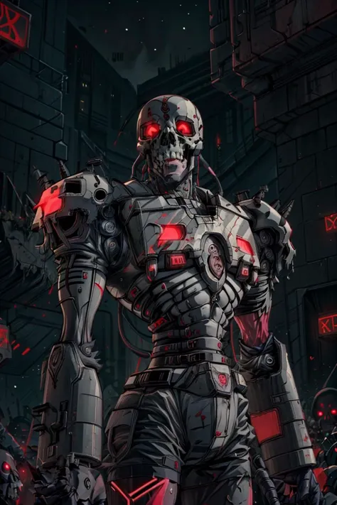 We are legion, rejoice in the coming oblivion, skulls for the skull throne,
((masterpiece,best quality)), (glowing neon red lights, cyberpunk city ),
<lora:Andromon_Digimon_Anime:0.8>, Andromon_Digimon,
red metal, lots of metal spikes, skull accessories,
upper body,
solo, looking at viewer, dynamic pose,
neon lights, cinematic composition,
<lora:more_details:0.8>,
<lora:ChaosMarineStyleAISD15:0.5>, ChaosMarineStyleAI,