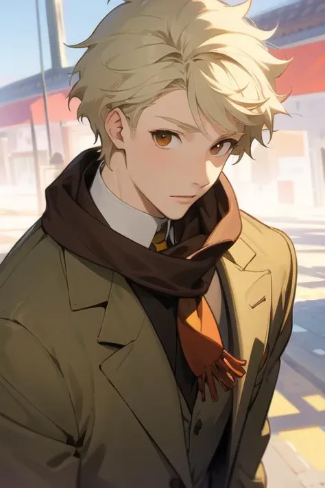 masterpiece, best quality, illustration, 1boy, solo, male focus, looking at viewer, , , <lora:john_h_watson:0.68>, john_h_watson, brown eyes, blonde hair, scarf, , ,