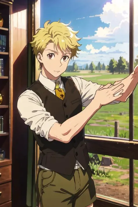 masterpiece, best quality, photorealistic, 1boy, solo, male focus, looking at viewer, upper body, depth of field, <lora:john_h_watson:0.74>, john_h_watson, brown eyes, blonde hair, dress shorts, , ,