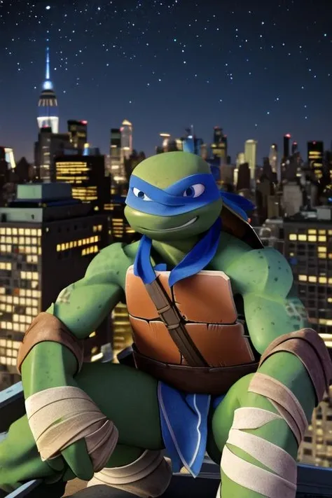 <lora:Leo:0.7>  leo, 1boy, turtle boy, turtle shell, blue bandana, blue eyes, upper body, (smile:1.2), upper body, bandages, squatting, outdoors, rooftop, on roof, night, wind, night, night sky, new york,