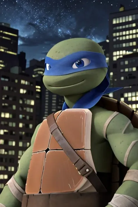 <lora:Leo:0.7> leo, 1boy, turtle boy, turtle shell, blue bandana, blue eyes, upper body, (smile:1.2), upper body, bandages, standing, from below, outdoors, rooftop, on roof, night, wind, night, night sky, new york, rain,