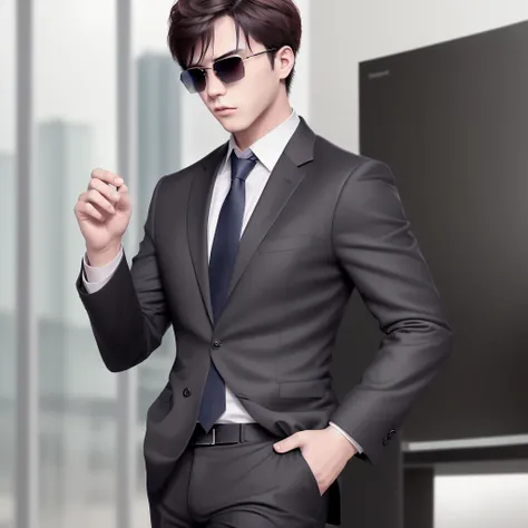 Masterpiece, 4K, High Quality, realistic, contrast, 1man, solo, <lora:Badass_Ikemen:0.8>, wearing a business suit, sunglasses