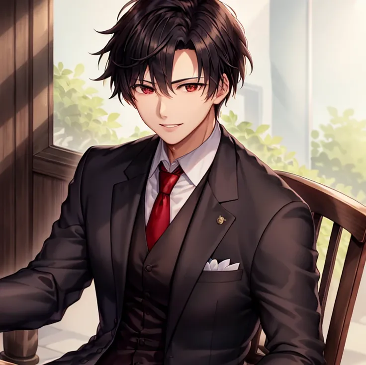 Masterpiece, 4K, High Quality, realistic, contrast, 1man, solo, <lora:Badass_Ikemen:0.8>, sitting, caf background, wooden table, cup of coffee on the table, white shirt, black jacket, smiling