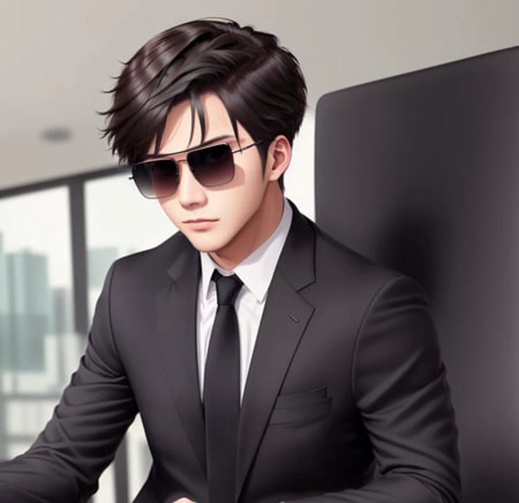 Masterpiece, 4K, Ikemen, photorealistic, <lora:Badass_Ikemen:0.8>, Badass Ikemen, wearing a business suit, sunglasses, sitting down, office background, ikemen making a speech, wide angle
