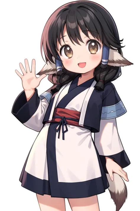 1girl, <lora:AruruuEruruu_CHARA:1>, aruruufit, looking at viewer, waving, one arm up, :D, dog tail,